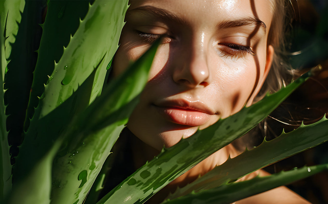 Close-up of a woman's glowing skin with closed eyes behind fresh green aloe vera leaves