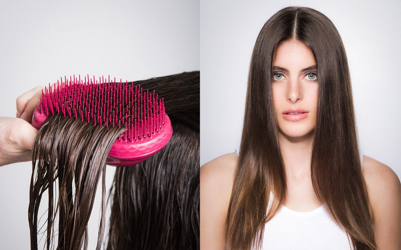 Left hand brushing wet brown hair with pink detangling brush; right side shows woman with smooth, straight brown hair