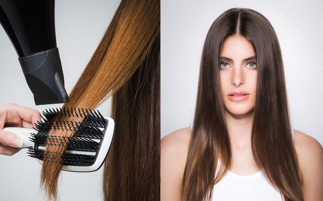 Before and after hair straightening with brown hair being blow-dried and a young woman with smooth straight hair