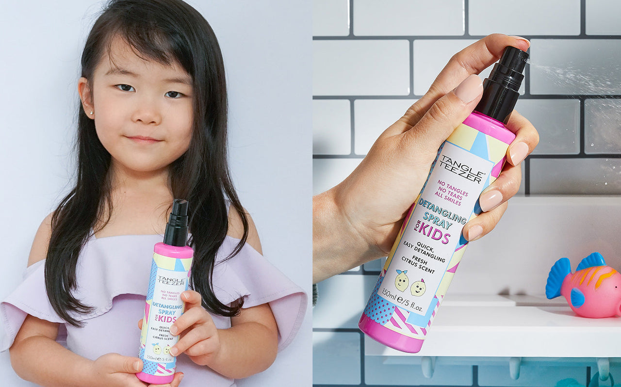 Child holding Tangle Teezer Kids detangling spray with fresh citrus scent, hair care product