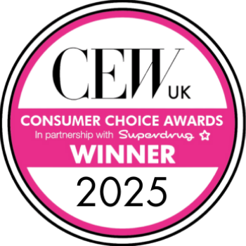 A circular award badge reading 'CEW UK Consumer Choice Awards Winner 2025' in black and bright pink text on a white background.